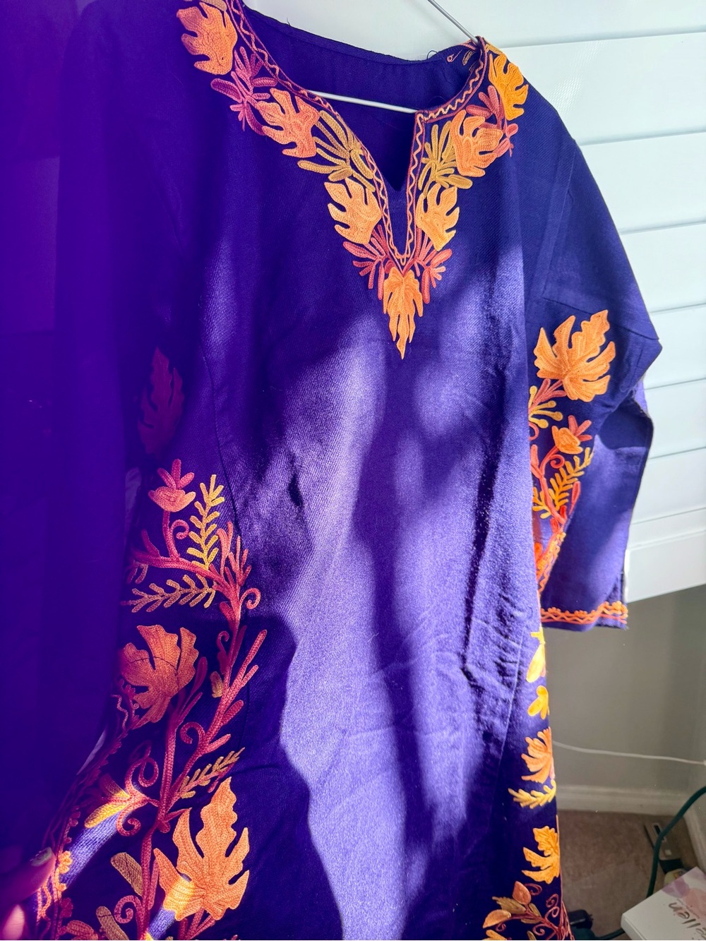 Embroidered Purple women Shirt with Orange intricate embroidered Floral Accents